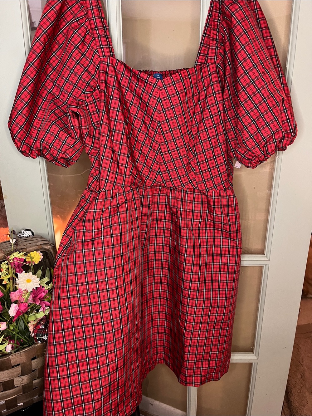 Old Navy Red Plaid Puff-Sleeve Square Neck Dress